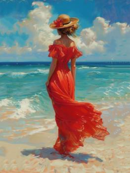 A woman wearing a hat and a red long dress is at the beach